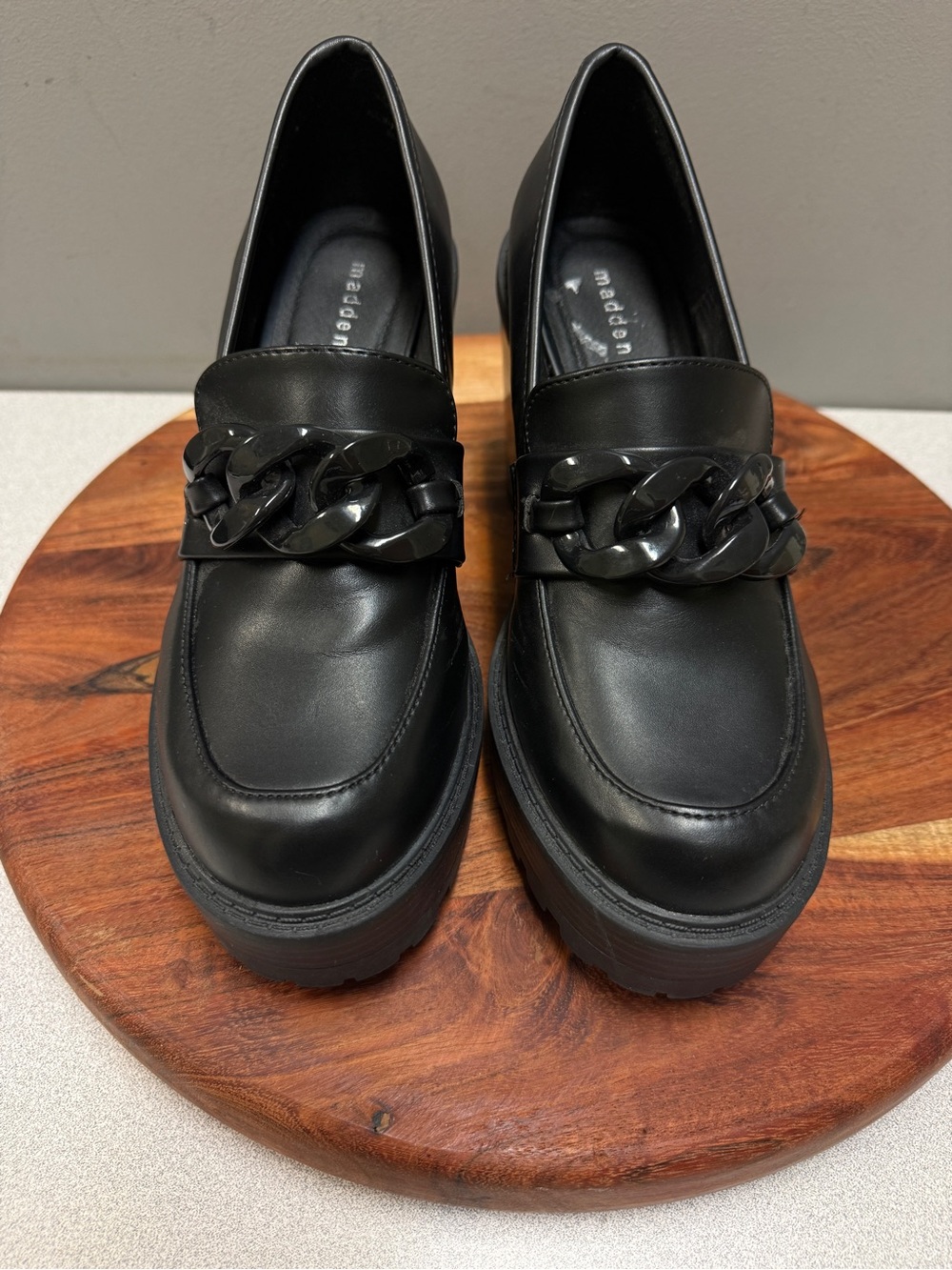 Madden Girl Hoxtonn Black Chain Platform Heeled Lug Loafers